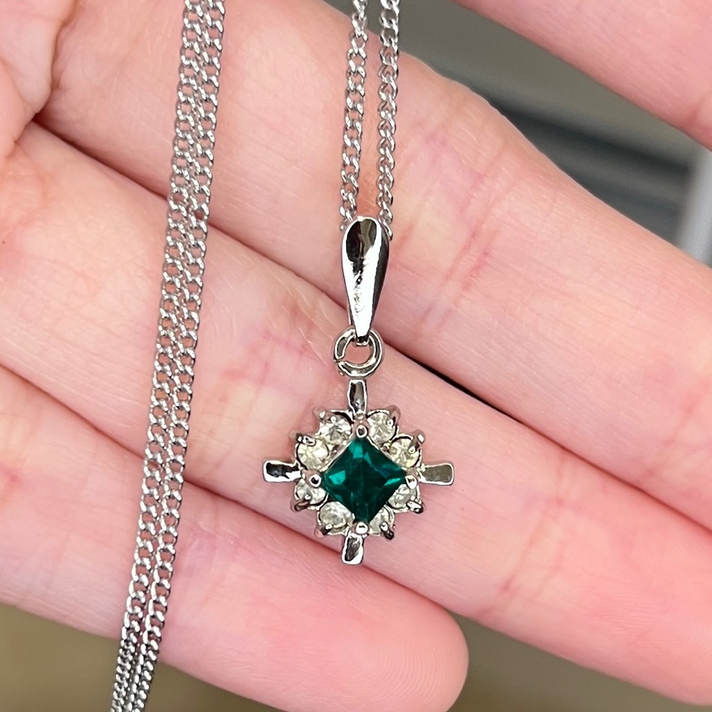 Lab grown emerald green pendant necklace with diamond accents #crystaljewelry